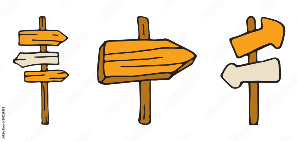 Icons set of old wooden road signposts, arrows, choice and directions ...
