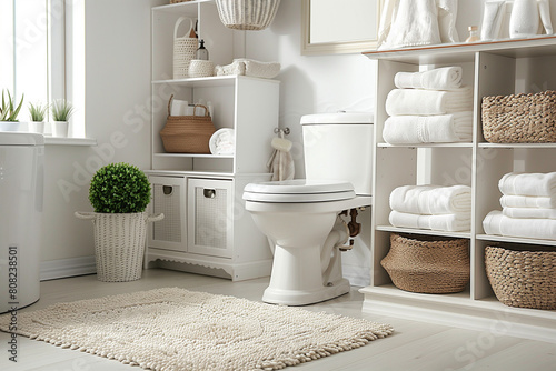 white toilet with its lid up, next to it is an open shelf holding towels and some beige storage boxes. The bathroom has light grey tiles on the floor and walls, and there is a small green plant in fro photo