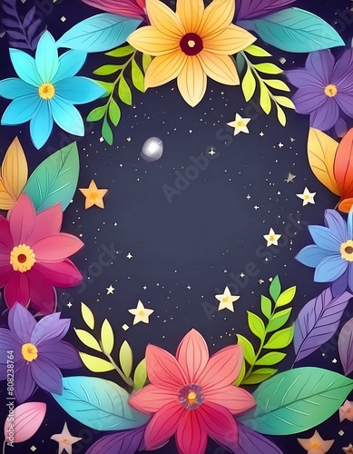 Colorful background with flowers glowing in the dark. Copy Space.