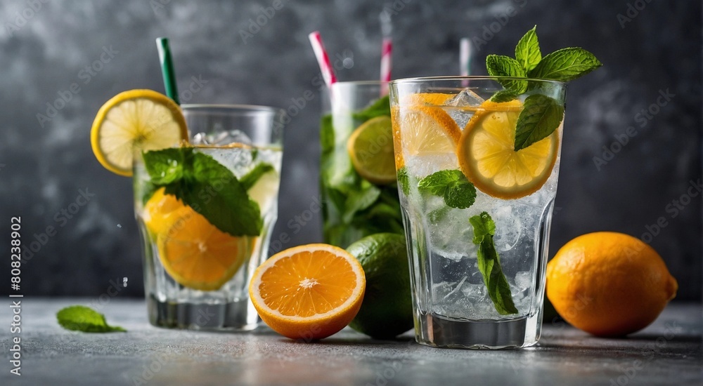 Lemonade with lemon, orange and mint on a dark background Lemonade with lemon, orange and mint on a dark background