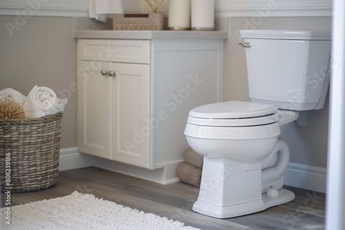 A white toilet with a storage cabinet and bathroom accessories in the background