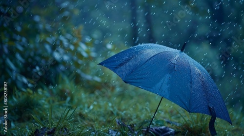Blue umbrella under heavy rain against nature background. Rainy weather concept