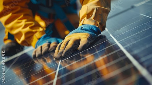 Close-up of solar cell, installing solar cell farm power plant eco technology. Solar cell panels in a photovoltaic power plant. Concept work of sustainable resources hands worker installing solar cell