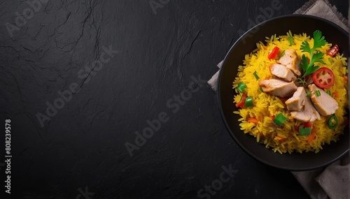 Rice with meat and vegetables on a black background