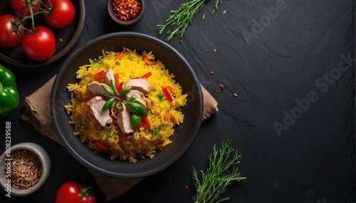 Rice with meat and vegetables on a black background photo