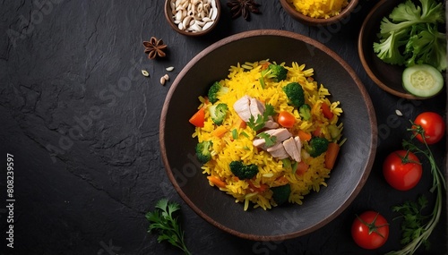 Rice with meat and vegetables on a black background