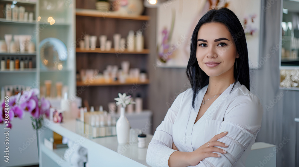 In a stylish beauty office, an elegant girl beautician shows you her office with care and passion. blur effect in the background In a stylish beauty office, an elegant girl beautician shows you her office with care and passion. blur effect in the background
