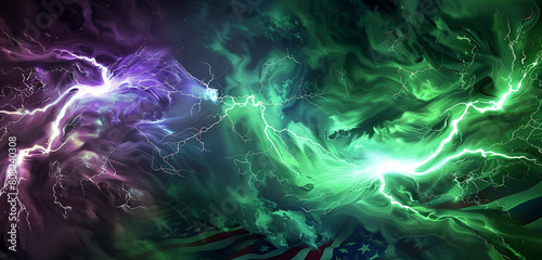 Green and violet lightning swirl dramatically over a patriotic backdrop.