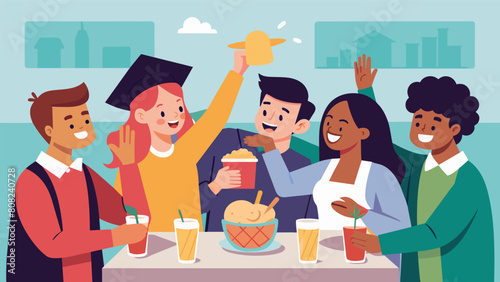A group of students gathered around a table at a restaurant splurging on a meal together after a long week of balancing work and studies all united by. Vector illustration