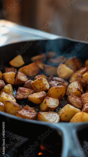 Closeup frying potatoes in a skillet © nebari