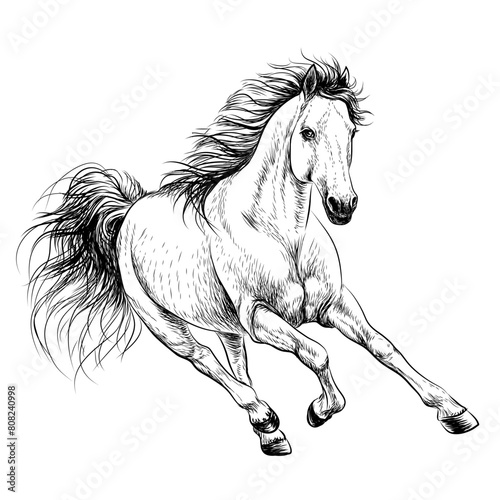 A graphic image of a running horse in a sketch style on a white background.