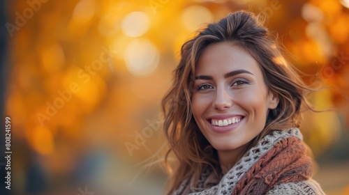 Autumn Beauty: Modern Edge of a Smiling 35-Year-Old Woman