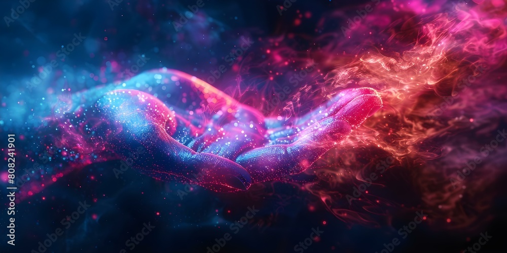 Creating a Digital Hand Hologram on a Dark Background with Copy Space Using AI Neural Network. Concept AI Technology, Digital Art, Hologram Creation, Copy Space, Dark Background