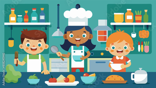 Children transported to a 3D kitchen equipped with all the tools and ingredients they need to cook up a storm.. Vector illustration