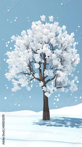 snow covered tree on the blue woods background