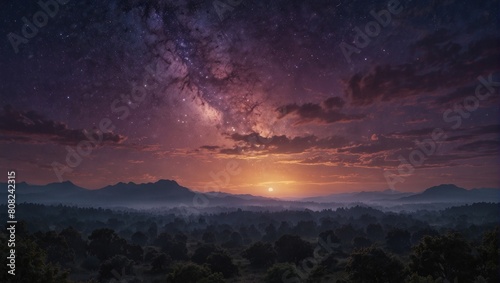 Illustrate a scene of the universe with a purple sky during twilight. Capture the ultra-realistic details of the transitioning hues, the soft glow on the horizon, and the atmosphere-Ai Generative © Sbahat