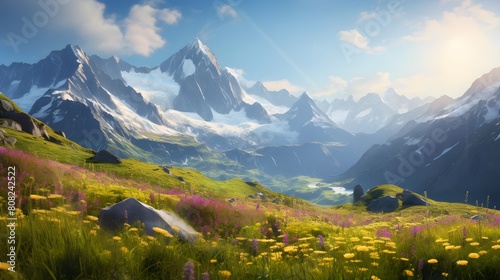 Panoramic view of alpine meadow with flowers and mountains