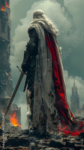 knight white robe sword front city closeup portrait prince crown red gears long cape behemoth