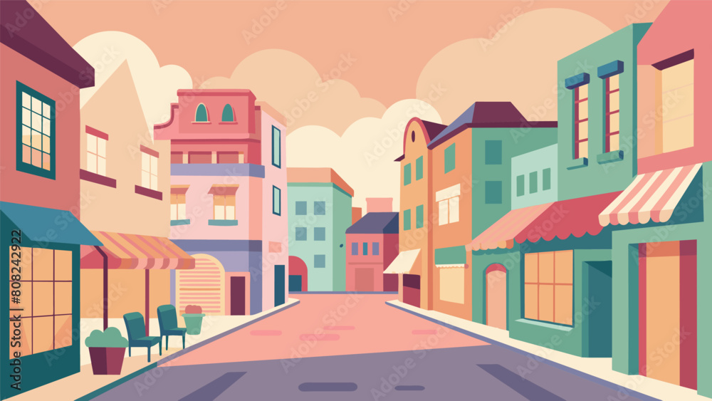A charming street scene filled with pastelcolored buildings and storefronts bringing a sense of calm and warmth to the artwork..