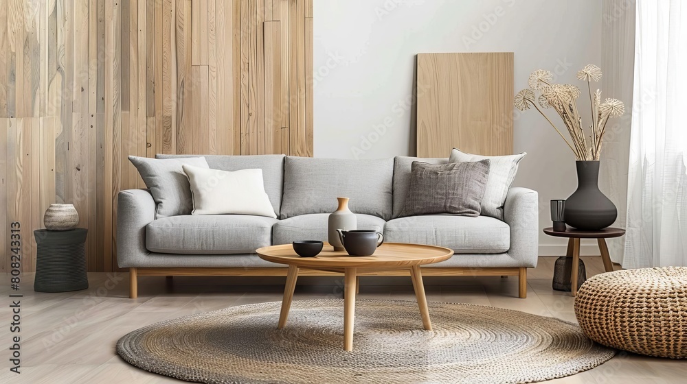 A living room scandinavian style with a gray sofa, wooden coffee table, and a jute rug A living room scandinavian style with a gray sofa, wooden coffee table, and a jute rug