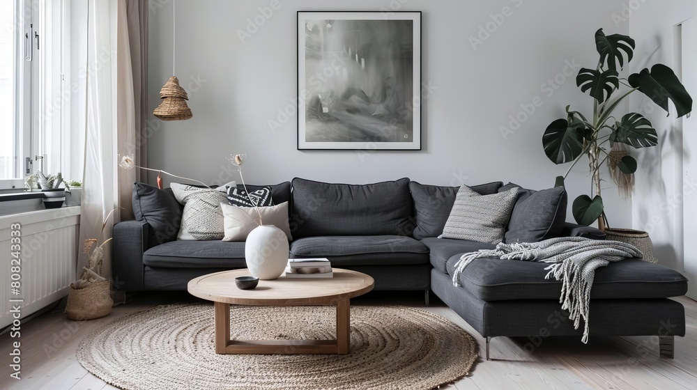Obraz premium Scandinavian living room. Grey sofa, jute rug, coffee table, plant, poster.