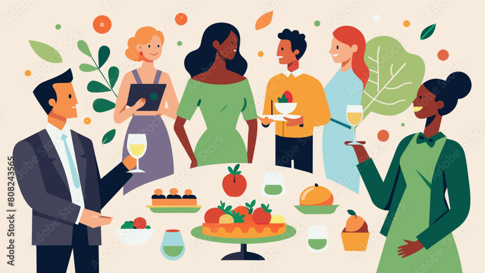 Attendees were treated to delectable plantbased appetizers and locallysourced organic tails at the Sustainable Fashion Awards reception.. Vector illustration Attendees were treated to delectable plantbased appetizers and locallysourced organic tails at the Sustainable Fashion Awards reception.. Vector illustration