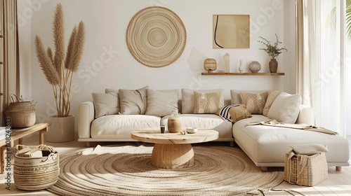 A living room scandinavian style with a large comfortable couch, coffee table, rug