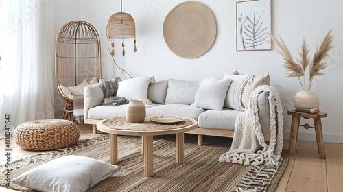 A living room scandinavian style with a sofa, coffee table, rug, and other furniture