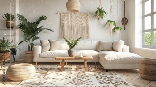 A bright and airy living room scandinavian style with a large comfortable couch  coffee table  rug  and several potted plants