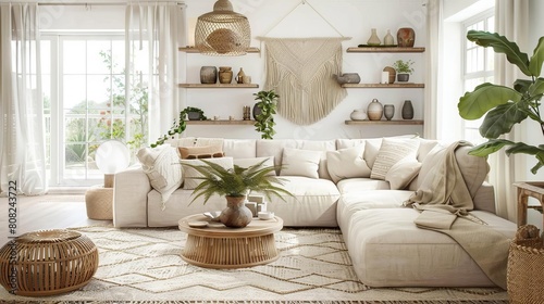 A bright and airy living room scandinavian style with a large comfortable couch, stylish coffee table, and beautiful rug