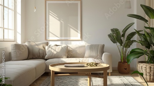 A bright and airy living room scandinavian style with a large sectional sofa, a coffee table, and a rug