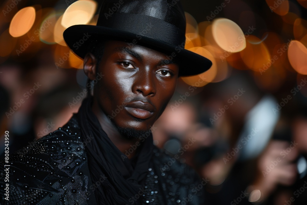 A sophisticated man dressed in black attire, with soft bokeh light effects in the background A sophisticated man dressed in black attire, with soft bokeh light effects in the background