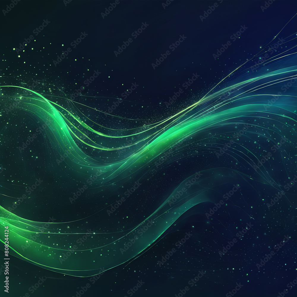 Abstract green wavy lines with dots-particles