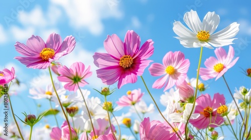   A field filled with pink and white blooms under a blue sky  dotted with clouds in the backdrop
