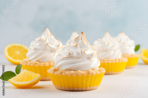 Set of lemon meringue pies with bright yellow  Generation AI,