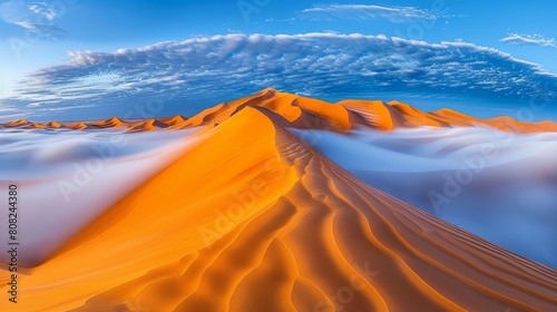  Sand dunes dotted with intricate patterns  blue sky dominates  wispy clouds gracefully hover in foreground