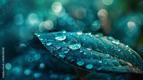 Large drop water reflects environment. Nature spring photography raindrops on plant leaf. Background image in turquoise and green tones with bokeh. photo