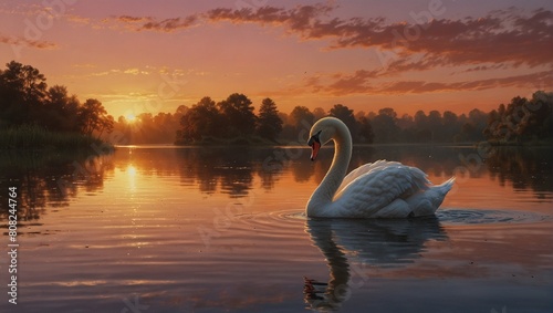 Illustrate a scene of Swan Lake during sunset, with the sky painted in hues of pink, orange, and gold. Capture the ultra-realistic details of the sun setting behind the horizon-Ai Generative © Sbahat