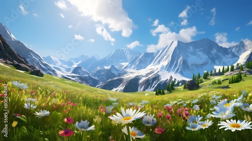 Beautiful panoramic view of alpine meadow with flowers