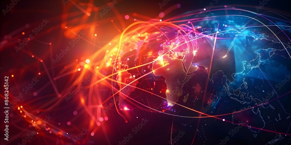 Global Interconnectedness: A Futuristic World Map with Lines Connecting Cities and Financial Hubs. Concept Globalization, World Connectivity, Financial Networks, Urban Centers, Future Technology