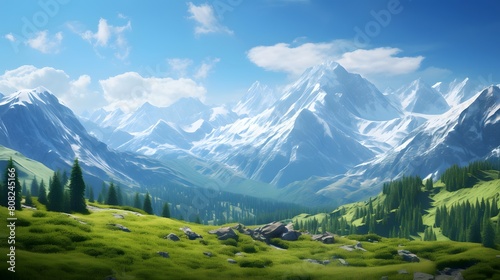 Panoramic view of alpine meadows and mountains under blue sky