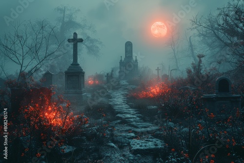 Mysterious image of an ancient graveyard with a red bloody moon creating a gothic atmosphere photo