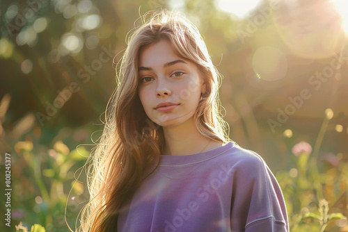Young pretty woman in purple sweatshirt in summer park