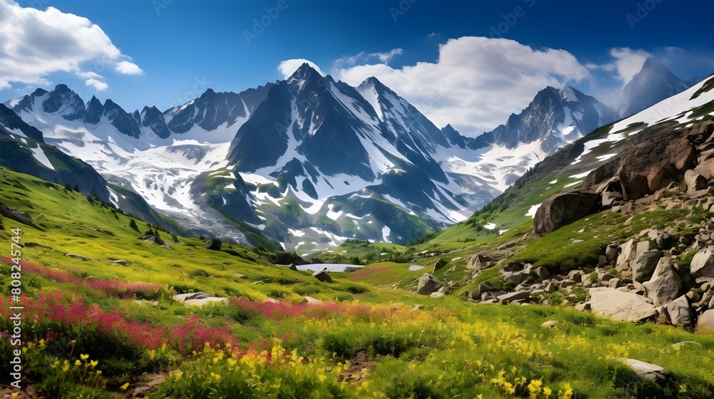 Panoramic view of alpine meadow and mountains in summer
