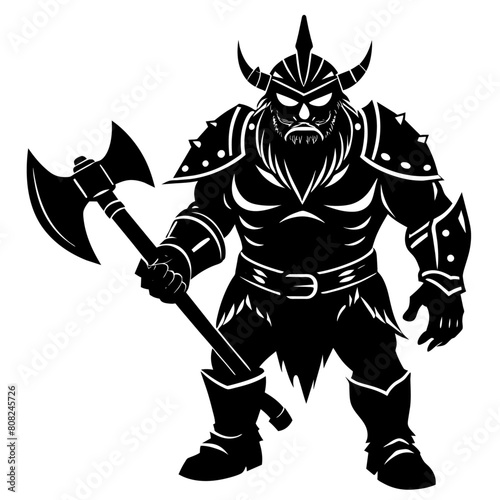 minimal Dwarf warrior in black color  standing with an axe also in black color silhouette  15 