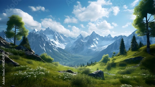 Panoramic view of alpine meadow with trees and mountains
