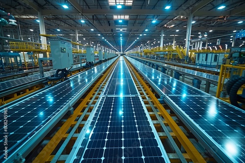 Rows of gleaming solar panels extend through a modern, high-tech manufacturing facility