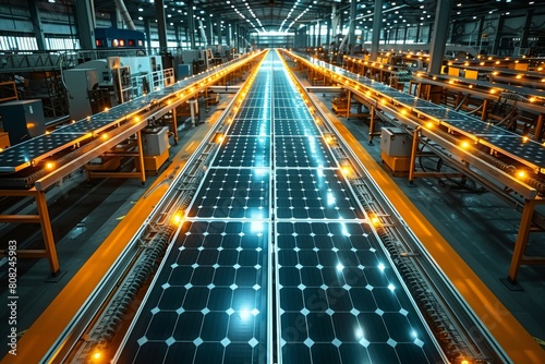 A bustling solar panel factory glows with activity and energy, showcasing rows of panels