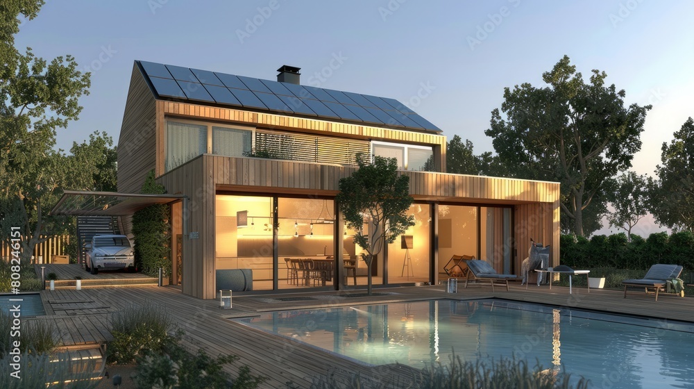 New house with a photovoltaic system on the roof. Modern eco friendly passive house.