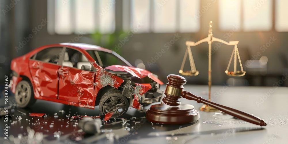 gavel and broken car on the table with scales of justice background